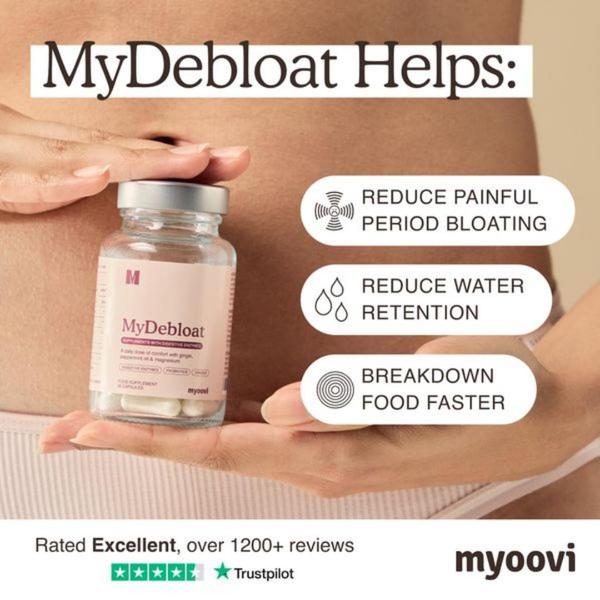 A clean, square-format ad for a digestive supplement featuring a product-in-hand visual accompanied by three core benefit callouts.
